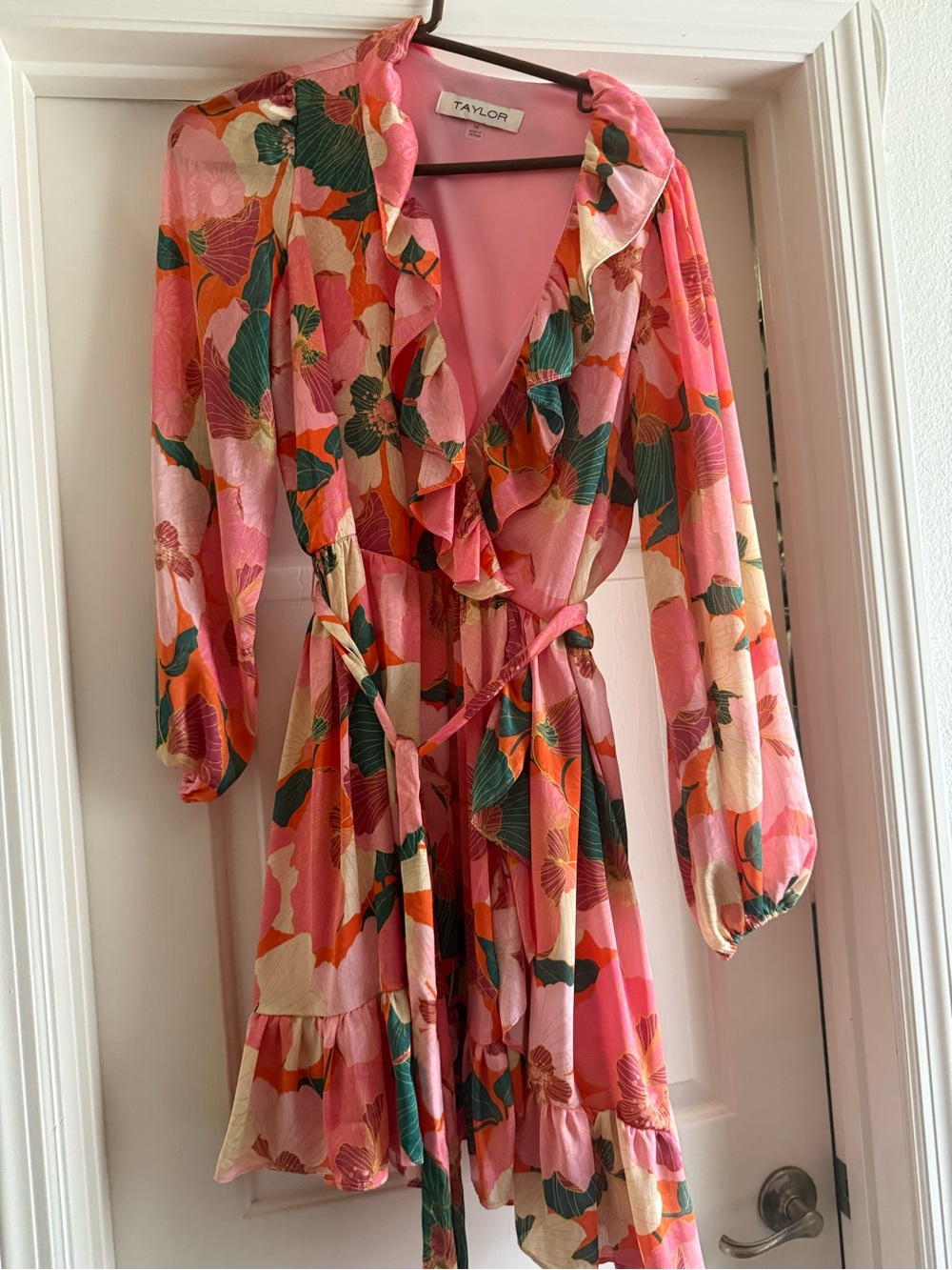 Taylor Multicolor Pink Floral Wrap Dress with Green Accents